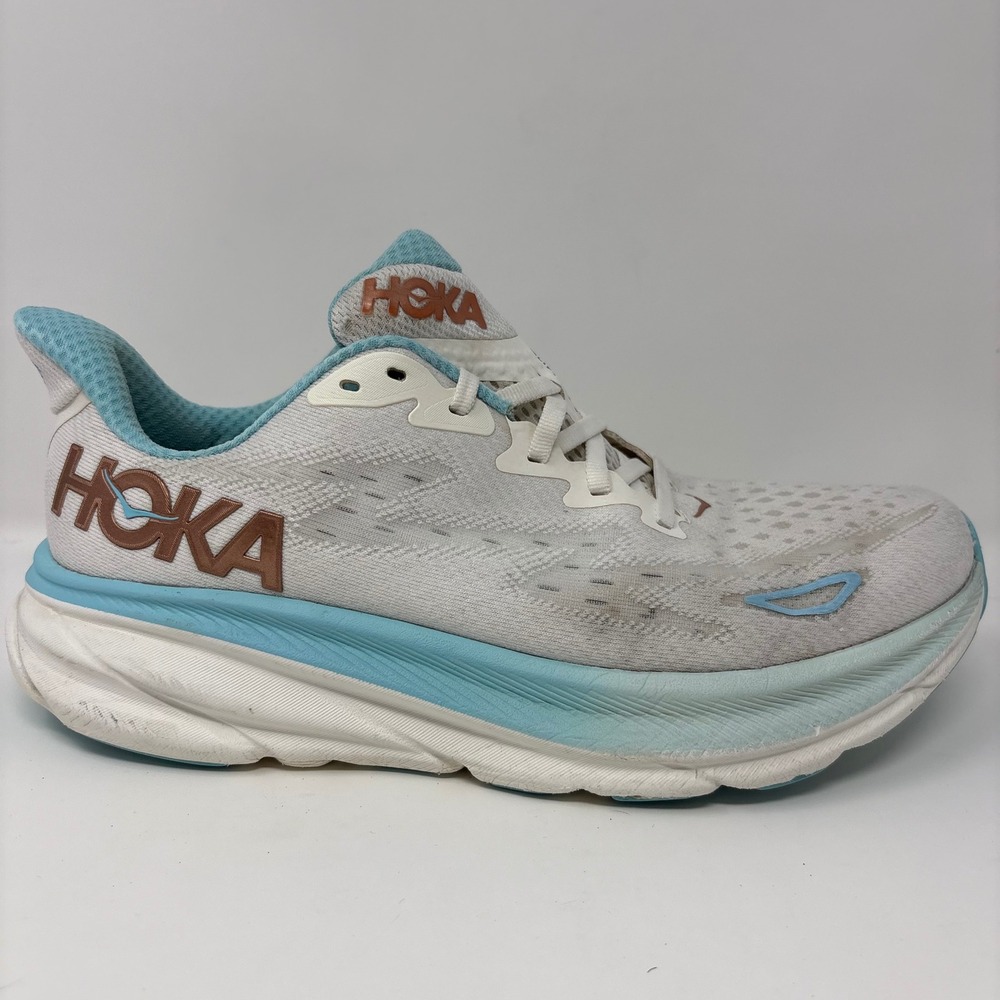 Hoka Clifton 9 Women's Size 9D Wide White Blue Athletic Running Shoes (1132211)